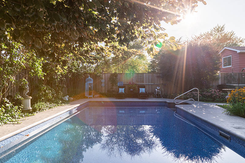 A beautiful picture of a pool with sunlight streaming through the trees